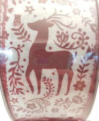 2.5" X 50 Yds Premium Wired Edge Holiday Ribbon - White w/Red Reindeer Mega Roll - Image 1 of 2
