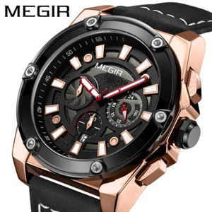 MEGIR Mens Leather Strap Watch Luminous Chronograph Sport Quartz Wristwatch  - Picture 1 of 15