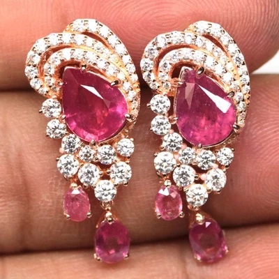 925 Sterling Silver 7 x 9 mm. Red Ruby & Zircon Jewelry Earrings Rose Gold - Image 1 of 4