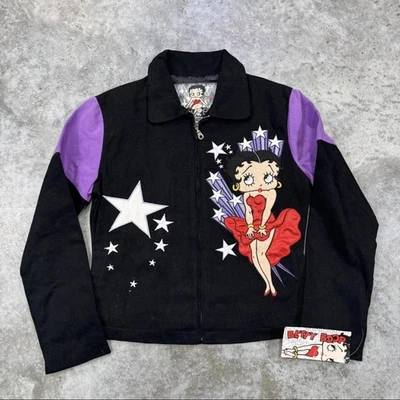 Betty Boop Jacket Womens Small Black Purple Stars Embroidered Cartoon JH Design - Image 1 of 4