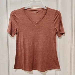 Eileen Fisher Organic Linen Jersey S/S V Neck Tee T-Shirt XXS Orange Red Rust - Picture 1 of 6