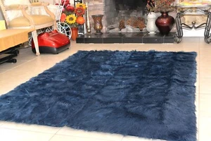 Navy Blue Shaggy Faux Fur Rug Rectangle Area Rug 5' x 7' Handmade USA Nonslip - Picture 1 of 6