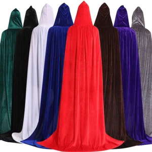 Halloween Velvet Cloak Cape Gothic Hooded Costume Vampire Cosplay Party Medieval - Picture 1 of 20