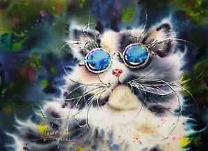 Original watercolor painting Cat artwork Fashion art Animals painting 11"x15" - Picture 1 of 3