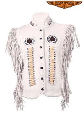 Off White Women's Leather Motorcycle Biker Club Vest With Bones & Beads - Image 1 of 4