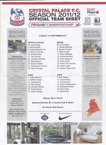 Teamsheet Crystal Palace v Wigan Athletic Carling cup 2nd Rd 13.9.2011 - Picture 1 of 1