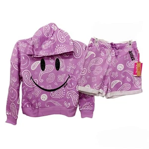 Justice Girls Happy Face Purple Hoodie Short Set-7/8 - Picture 1 of 6
