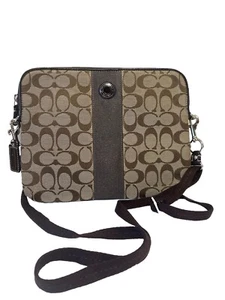 COACH SIGNATURE Brown Canvas STRIPE TABLET IPAD CROSSBODY BAG - Picture 1 of 14