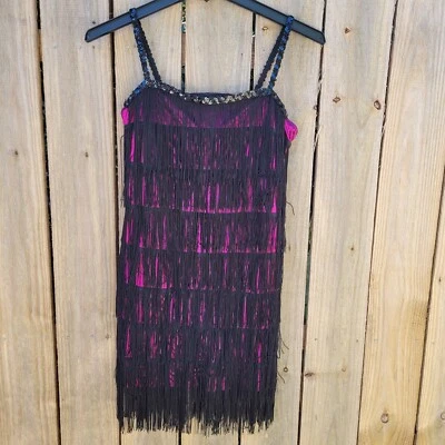 Disfraz Roaring años 20 rosa con flecos negros aleta mujer talla mediana sin mangas Foto 1 de 4