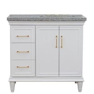 37 in. Single Wooden Vanity White Gray Granite Rectangle Right Door.Right Sink - Picture 1 of 13
