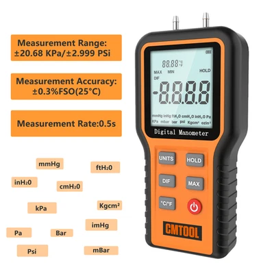 Manómetro digital diferencial doble puerto medidor de presión de aire HVAC medidor de prueba de gas Foto 1 de 4