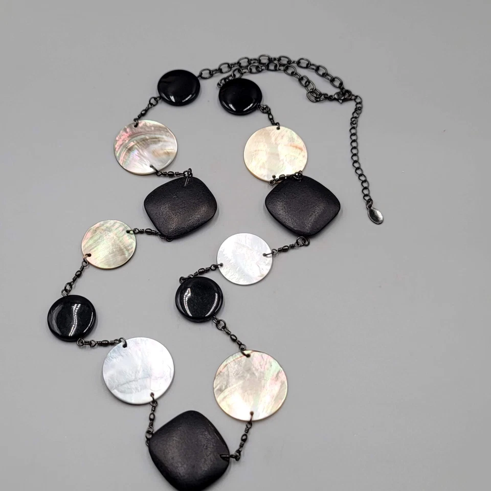 Cookie Lee Black Wood Shell Station Necklace Statement Long 30"+ - Image 1 of 4