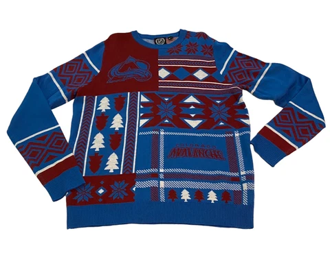 NHL Colorado Avalanche Mens Sweater Hockey Blue Red Logo Ugly Christmas Party L Cover