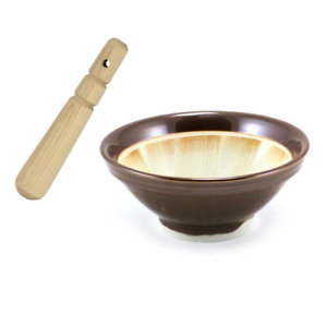 Japanese 7"D Ceramic Brown Suribachi Mortar Bowl w/ Wooden Pestle MADE IN JAPAN
