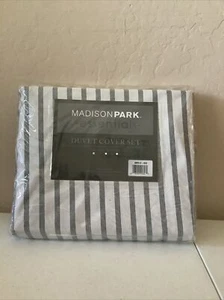 Madison Park Essentials Twin Duvet Cover Set Gray White Stripped - Picture 1 of 2