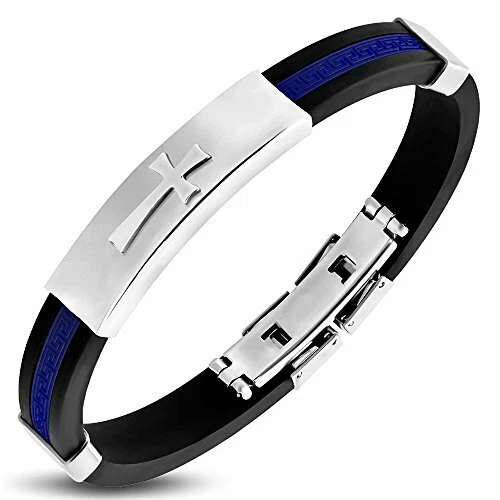 Pulsera Cruz Religiosa Latina Acero Inoxidable Negro Azul Goma Foto 1 de 1