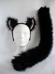 BLACK & PINK furry CAT HEADBAND EARS & TAIL SET anime cosplay Halloween costume - Bild 1 von 3