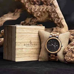 bobo Bird Men's Wooden Watch Analog Quartz with Week Display Wood Box & Tools - Picture 1 of 4