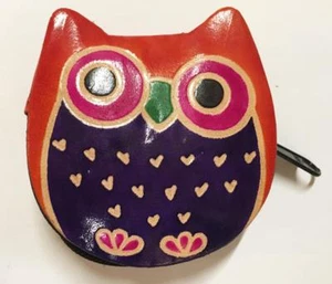 Shantiniketan Hippie Bohemian India Painted Leather Owl Coin Purse Orange - Picture 1 of 1