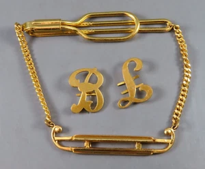 VTG GOLD TIE CLIP BAR w/CHAIN Sliding Letters CHANGEABLE MONOGRAM BL LB Initials - Picture 1 of 5