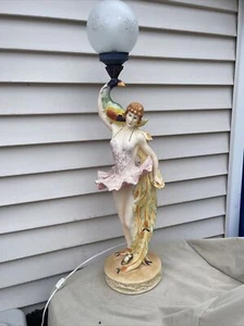 Beautiful and Rare 1994 Chalkware Ballerina/Peacock Lamp Signed By Artist 34” - Picture 1 of 12