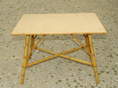 *ANCIENNE TABLE BASSE EN ROTIN VINTAGE dessus VENILIA façon JUTE DECO XXe D - Photo 1/4