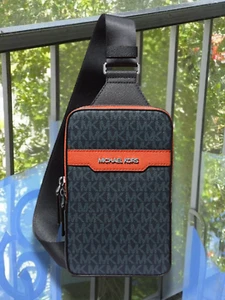 Michael Kors Cooper Men MK Logo Print Canvas Crossbody Sling Pack Red Clay - Picture 1 of 11