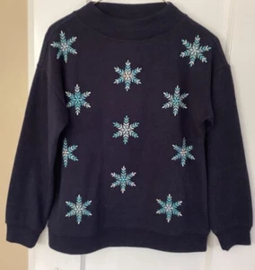 Talbots Petite Women’s Navy Embroidered Snowflake’s Winter Sweatshirt Size P - Picture 1 of 4