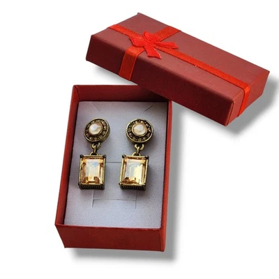 Heidi Daus Topaz Emerald Cut Crystal Champagne Post Earrings New  Statement  - Image 1 of 4