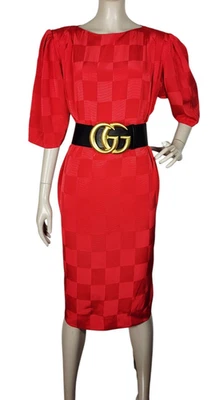 Vintage 80s Liz Claiborne Red Brocade Checker Puff Sleeve Shift Dress Size 12 - Image 1 of 4