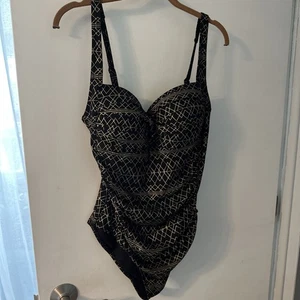 Niptuck Swim Black Gold Foil Patterned Multi Fit Cup One Piece Swimsuit Sz 12 - Picture 1 of 5