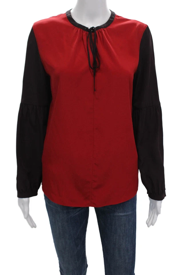 Blusa Akris Punto Mujer Seda Mangas Largas Cuello Llave Rojo Marrón Talla 6 Foto 1 de 4