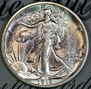 1916-D SOLID+ GEM BU MS WALKING LIBERTY HALF-DOLLAR DC259 MATTHEWS HOARD - Picture 1 of 3