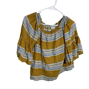 Blusa Passport Para Mujer Pequeña Rayas Mostaza Acampanada Cuello Redondo Top Informal Boho - Imagen 1 de 8