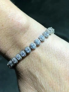 Platinum Sterling Silver White Sapphire Oval Halo Baguette Tennis Bracelet 7" - Picture 1 of 11