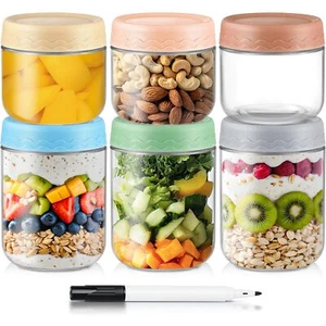 6 Pack 10oz and 16oz Overnight Oats Containers with Lids Glass Storage Jars - Picture 1 of 6