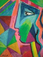 Face Abstract Original Art Woman Profile Geometric Cubist Psychedelic Colour