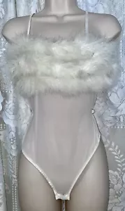 VTG VS M+ White Bridal Sheer Chiffon Nylon Teddy Romper nightie Marabou Trim USA - Picture 1 of 7