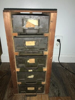 Antique wood 5 Green drawer Cabinet tool file box Vintage 18’’ tall 12’’ depth - Image 1 of 4