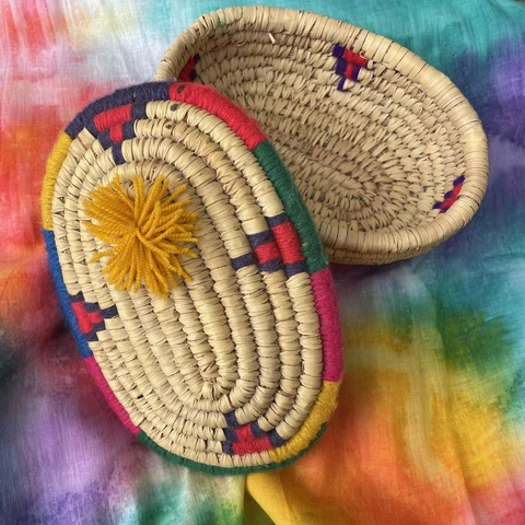 Boho Storage  Vintage Trinket Box  Lidded Woven Basket  Bright Colors  Pom Pom Cover