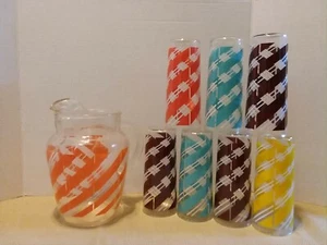 Juego de vasos de jarra y vidrio vintage Anchor Hocking naranja ~ turquesa ~ amarillo ~ marrón - Imagen 1 de 7