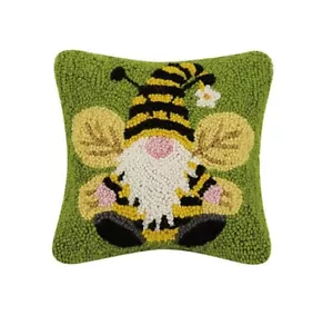 Peking Handicraft New Bumble Bee Garden Gnome Hooked Wool Pillow 10 x 10 - Picture 1 of 1