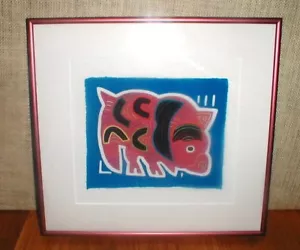 Mola Pig Professionally Framed *Colorful Fabric Art* Reverse Applique - Picture 1 of 5