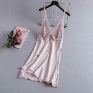 Pigiama donna raso pizzo camicia da notte Bowknot scollo a V biancheria sexy pigiama - Foto 1 di 12