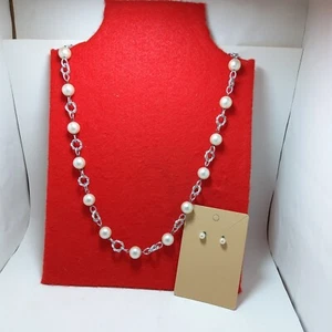 34" Silver Tone Faux Pearl Chain Necklace/Earrings Slip Over Closure Studs - Picture 1 of 2