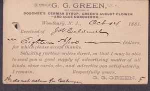 1881 AD Postkarte G G Green Woodbury NJ Boschee's German Soup / Green's August - Bild 1 von 2