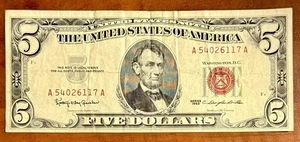 1963 Red Seal $5 Bill Federal Reserve Note - Serial #A54026117A - Picture 1 of 2