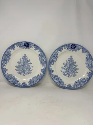 Set of 2 Royal Stafford Blue Christmas Tree 11” Dinner Plates/ NEW Holiday Xmas