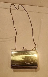 VINTAGE Gold Tone Metal Hard Shell Clutch Purse With Strap - Picture 1 of 7