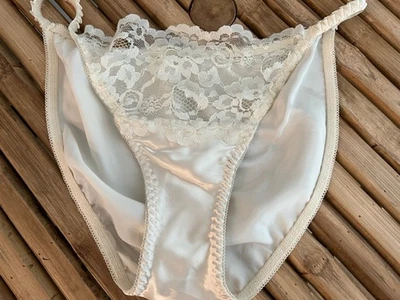 VINTAGE WHITE SATIN & LACE BIKINI PANTIES sz XL - Image 1 of 2